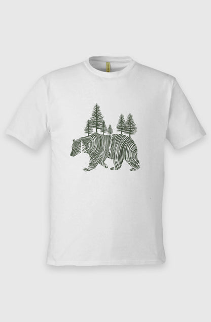 Antique White Unisex Graphic Tee in 100% Organic Cotton - Pine Bear (Angle): White tee with dark green bear silhouette filled with pine trees graphic