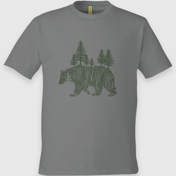 Charcoal Unisex Graphic Tee in 100% Organic Cotton - Pine Bear (Front): Charcoal tee with dark green bear silhouette filled with pine trees and wood grain lines