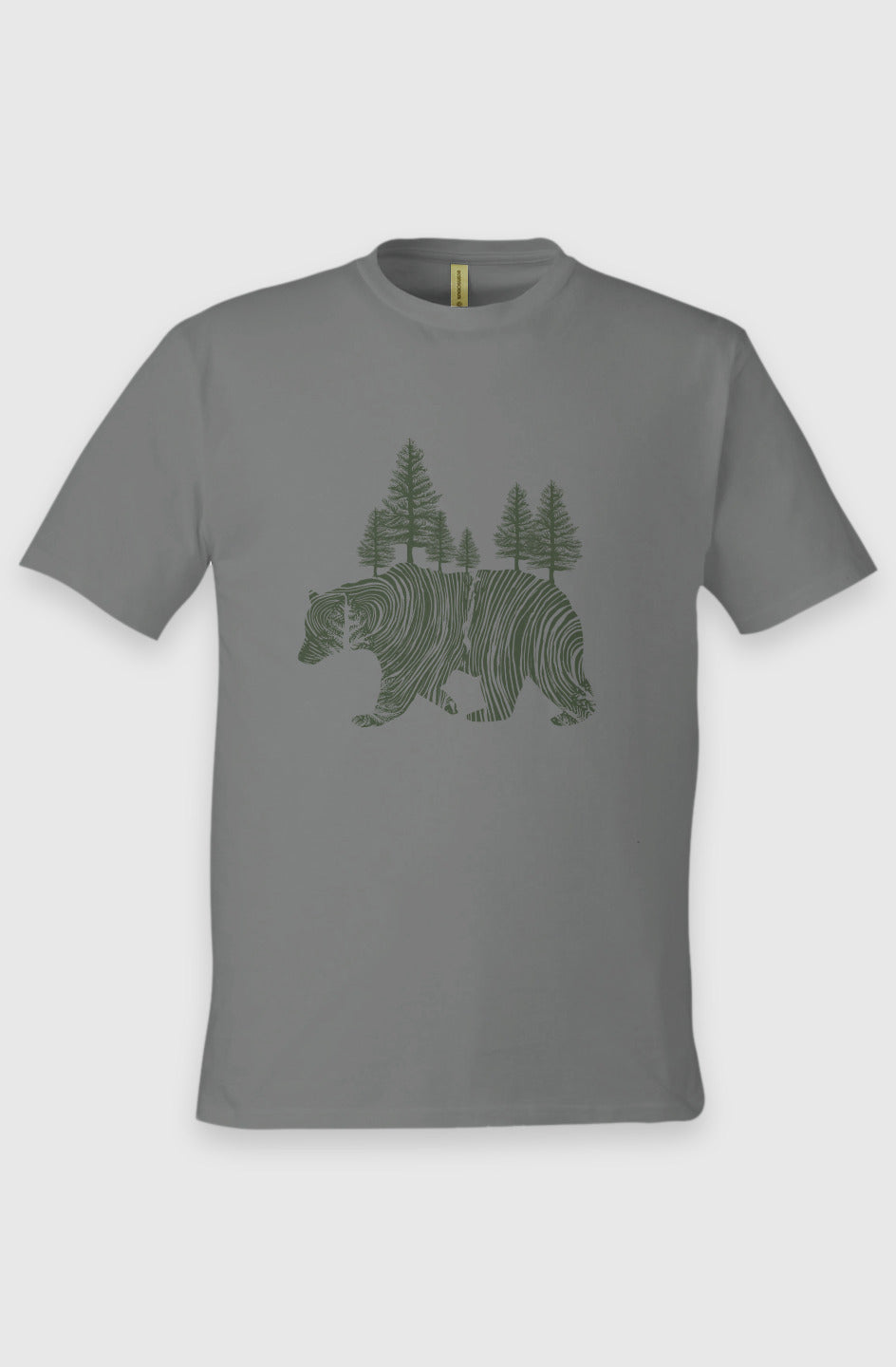 Charcoal Unisex Graphic Tee in 100% Organic Cotton - Pine Bear (Front): Charcoal tee with dark green bear silhouette filled with pine trees and wood grain lines