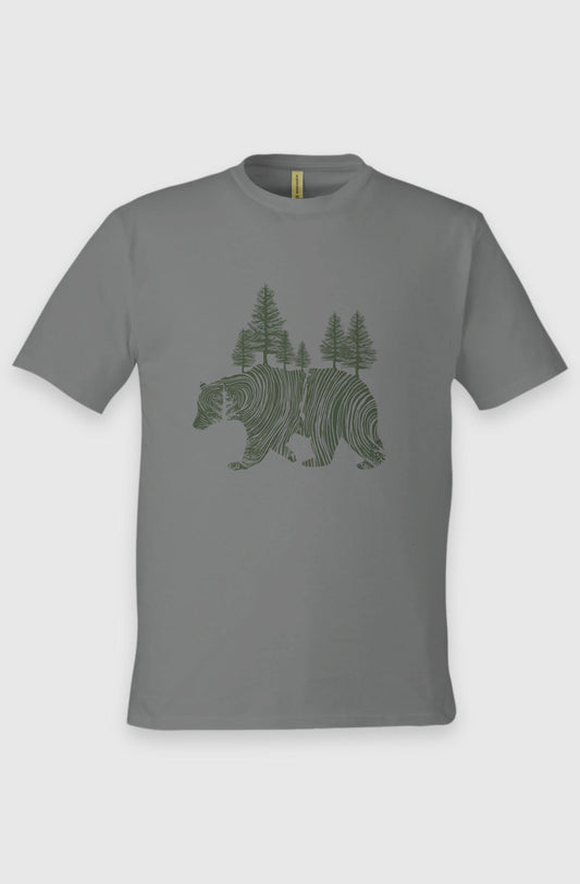 Charcoal Unisex Graphic Tee in 100% Organic Cotton - Pine Bear (Front): Charcoal tee with dark green bear silhouette filled with pine trees and wood grain lines