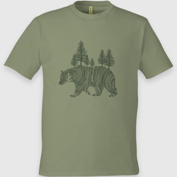 Olive Unisex Graphic Tee in 100% Organic Cotton - Pine Bear (Front): Sage green tee with dark green bear silhouette filled with pine trees