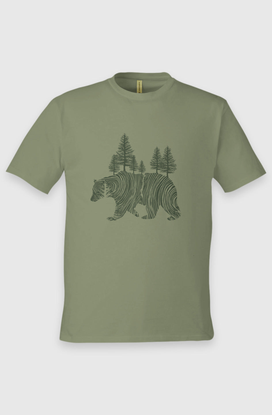 Olive Unisex Graphic Tee in 100% Organic Cotton - Pine Bear (Front): Sage green tee with dark green bear silhouette filled with pine trees