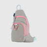Lt Gray (R)evolution Sling Pack (Angle): Gray sling pack with pink zippers, carabiner clip, and light blue accents