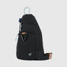 Black (R)evolution Sling Pack (Angle): Black sling pack with multiple zippered pockets, carabiner, and rope loop handle