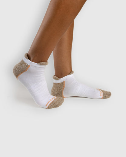 Tiger's Eye / White Rayon From Bamboo - Athletic Low Cut Sock - 2 Pack (In-use): Tan and white bamboo athletic low-cut socks worn on feet