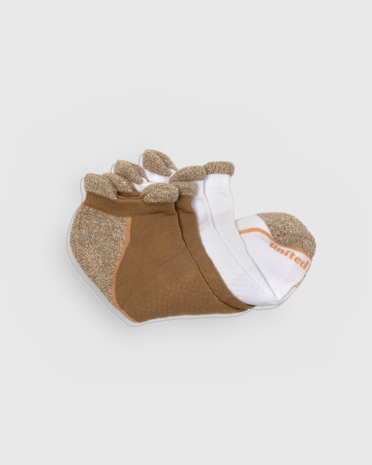 Tiger's Eye / White Rayon From Bamboo - Athletic Low Cut Sock - 2 Pack (Detail): Folded tan and white bamboo low-cut socks showing cushioned heel tabs