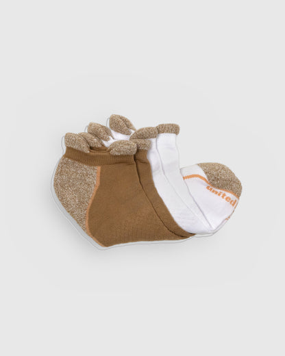 Tiger's Eye / White Rayon From Bamboo - Athletic Low Cut Sock - 2 Pack (Detail): Folded tan and white bamboo low-cut socks showing cushioned heel tabs