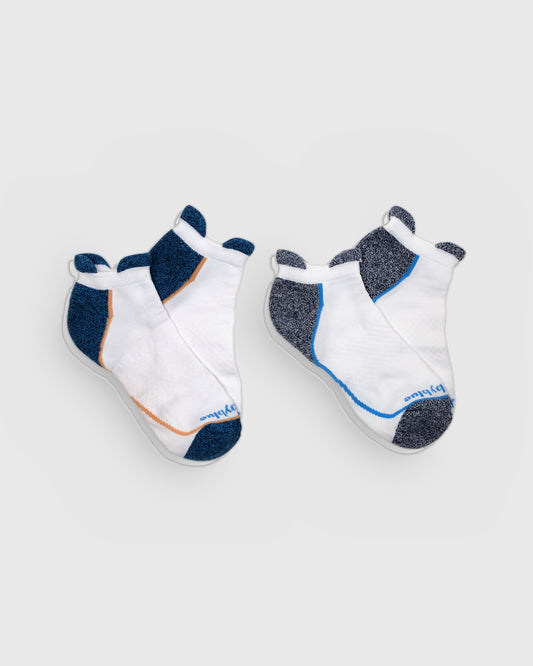 White Rayon From Bamboo - Athletic Low Cut Sock - 2 Pack (Flat-lay): Two pairs of white low-cut socks with navy and grey heels
