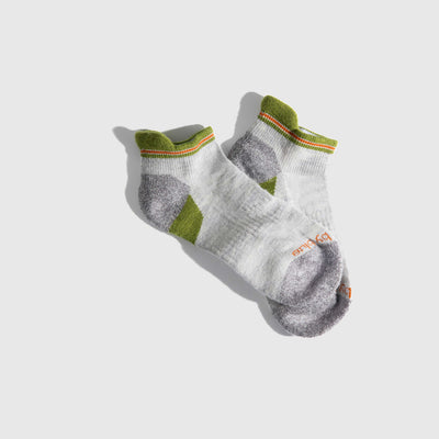 Grey Stripe Merino Wool - Low Cut Sock (Flat-lay): Paired ankle socks, light grey with olive green and orange stripe accents