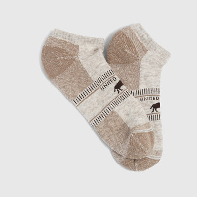 Taupe Bison Trail Low-Cut Sock (Flat-lay): Pair of ankle socks, tan and cream with bison logo and stripe details