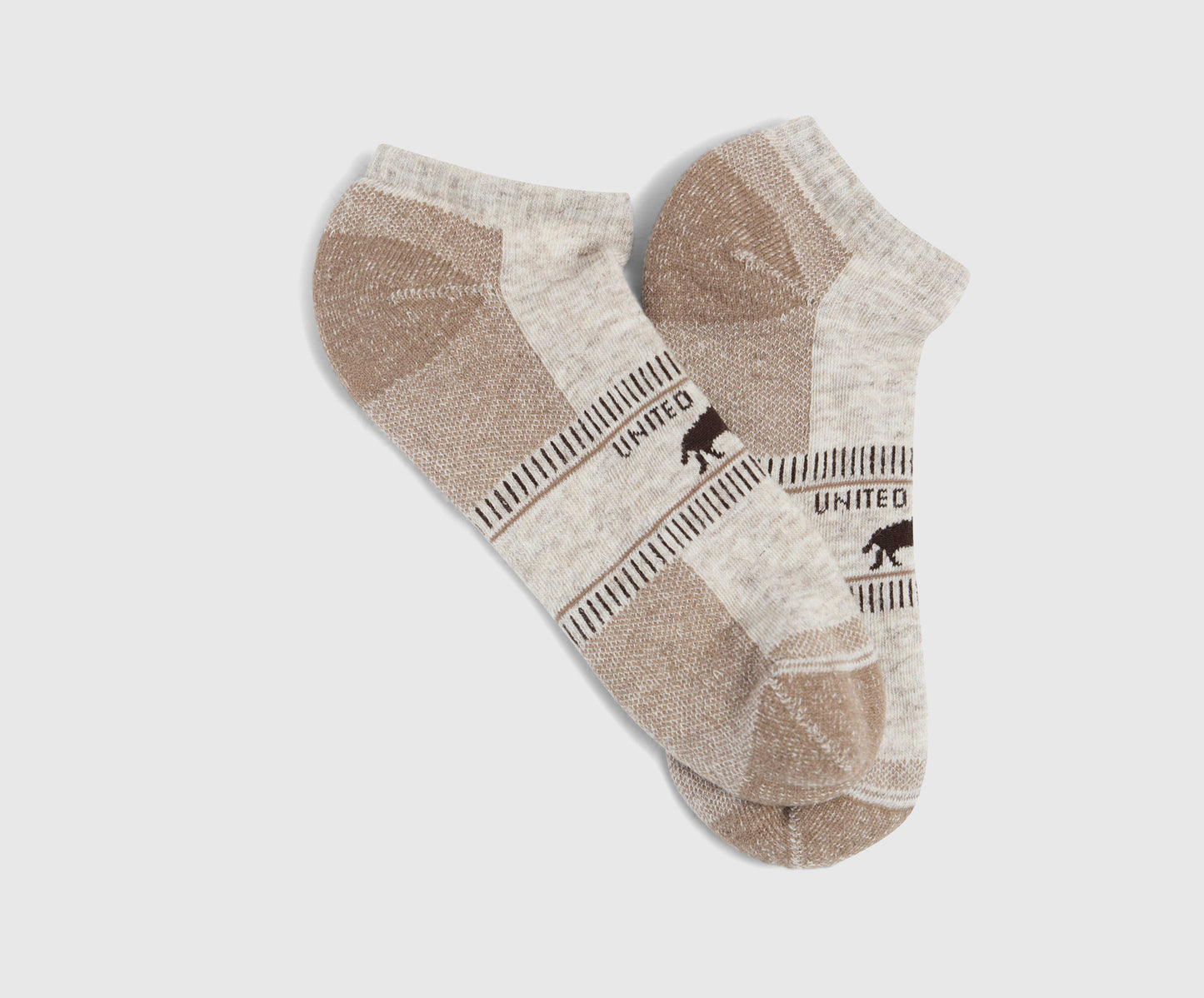 Taupe Bison Trail Low-Cut Sock (Flat-lay): Pair of ankle socks, oatmeal and tan, bison logo on side