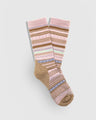 Pink Frost Merino Wool Trail Crew Sock - New Color (Flat-lay): Pale pink crew socks with tan, blue and mint stripes, camel heel