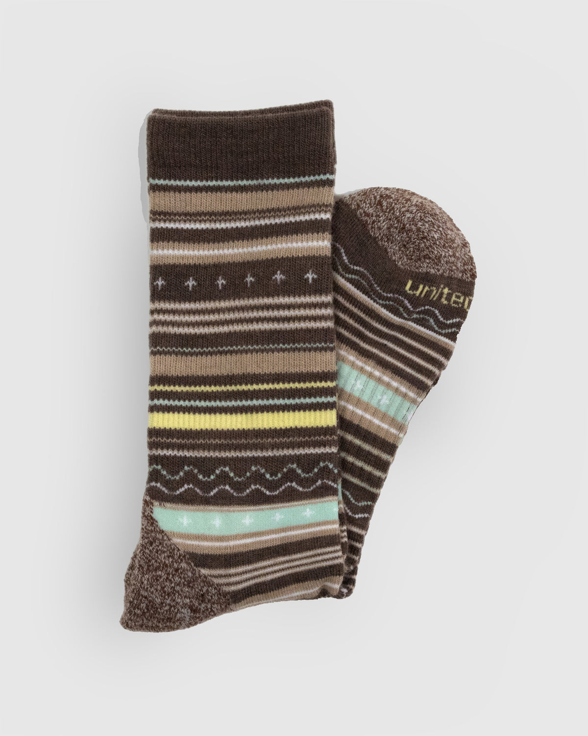 Brown Hthr Merino Wool Trail Crew Sock - New Color (Detail): Folded brown striped crew sock showing patterned cuff and marled brown toe