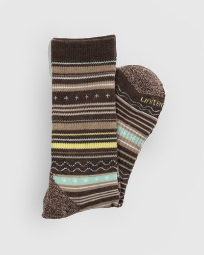 Brown Hthr Merino Wool Trail Crew Sock - New Color (Detail): Folded brown striped crew sock showing patterned cuff and marled brown toe