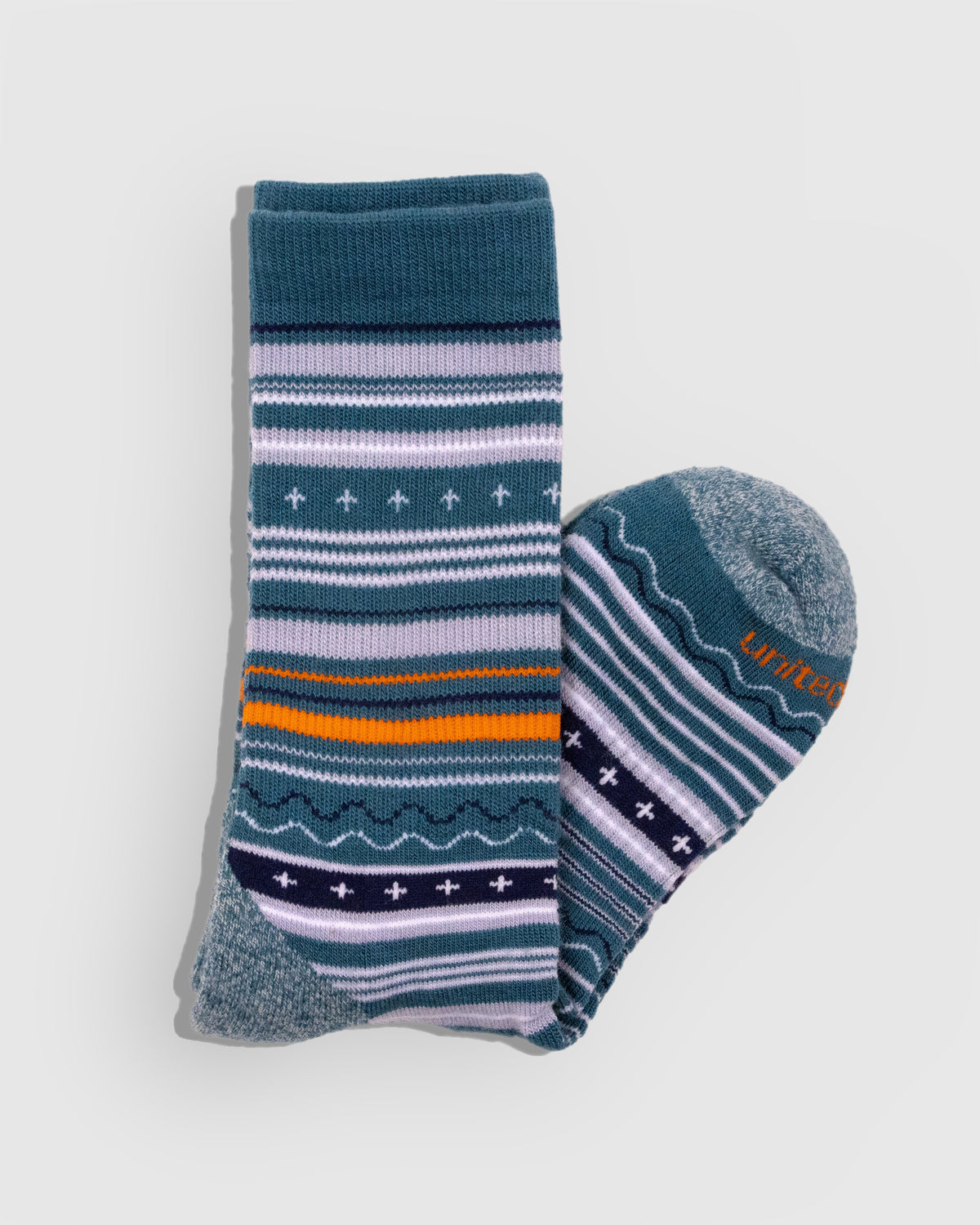 Teal Merino Wool Trail Crew Sock - New Color (Detail): Folded teal patterned crew sock showing striped cuff and marled grey toe