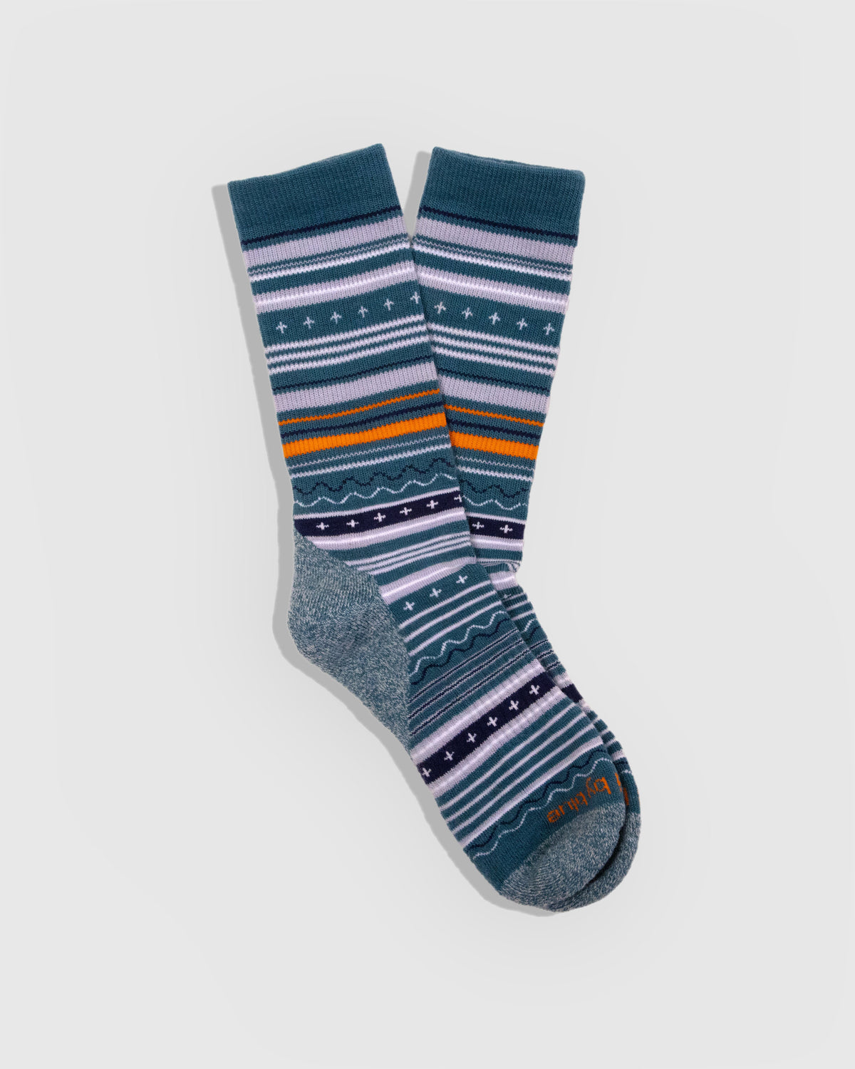 Teal Merino Wool Trail Crew Sock - New Color (Flat-lay): Teal crew socks with lilac and white stripes, orange band, grey heel