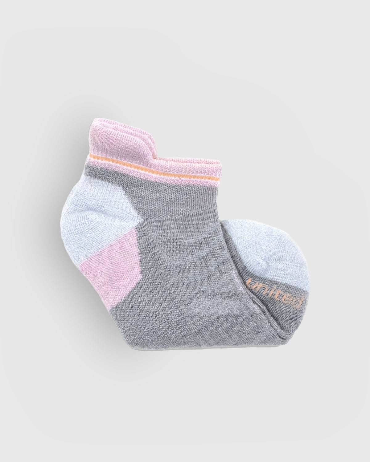 Hthr Grey Merino Wool - Low Cut Sock (Detail): Folded grey low-cut sock showing pink cuff and pale blue toe