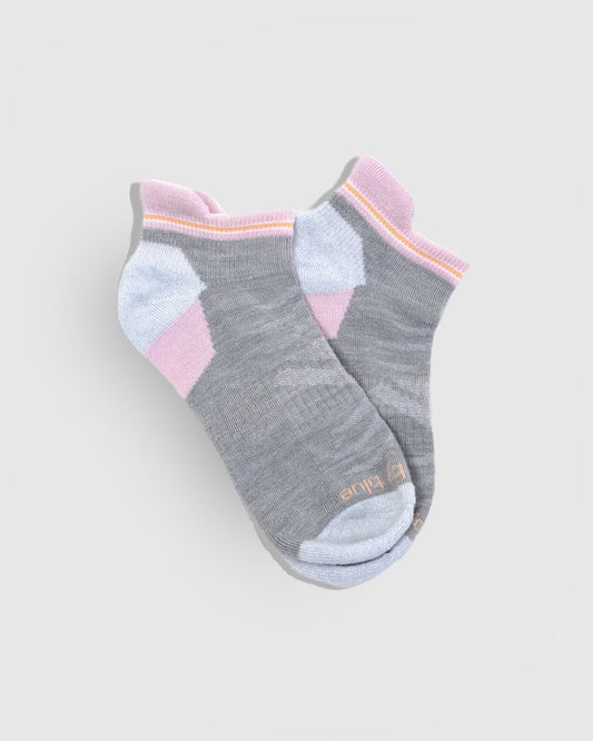 Hthr Grey Merino Wool - Low Cut Sock (Flat-lay): Grey low-cut socks with pink cuff, peach stripe, pale blue heel