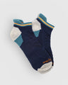Midnight Merino Wool - Low Cut Sock (Flat-lay): Navy low-cut socks with teal cuff, orange stripe, grey heel and toe
