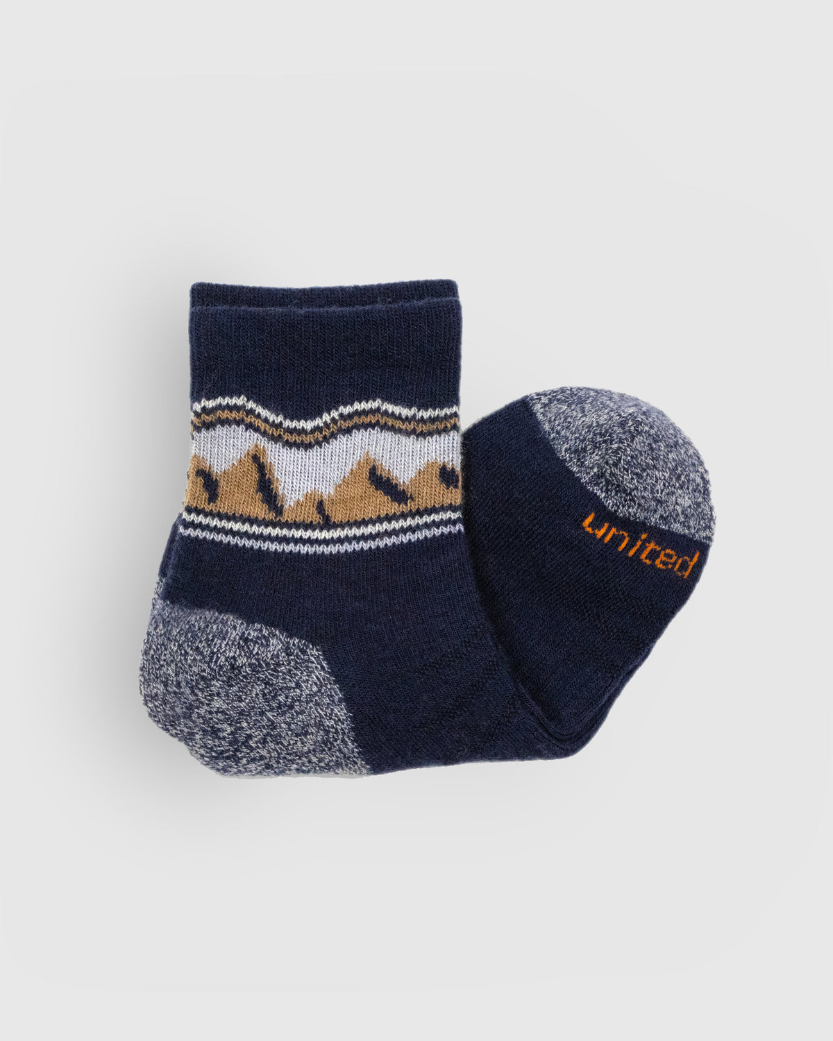 Midnight Merino Wool - Quarter Sock - New Color (Detail): Folded navy quarter sock showing mountain pattern cuff and marled grey toe