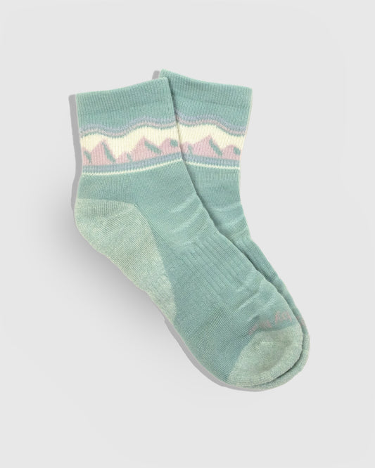 Sage Merino Wool - Quarter Sock - New Color (Flat-lay): Sage green quarter socks with cream and pink mountain knit band