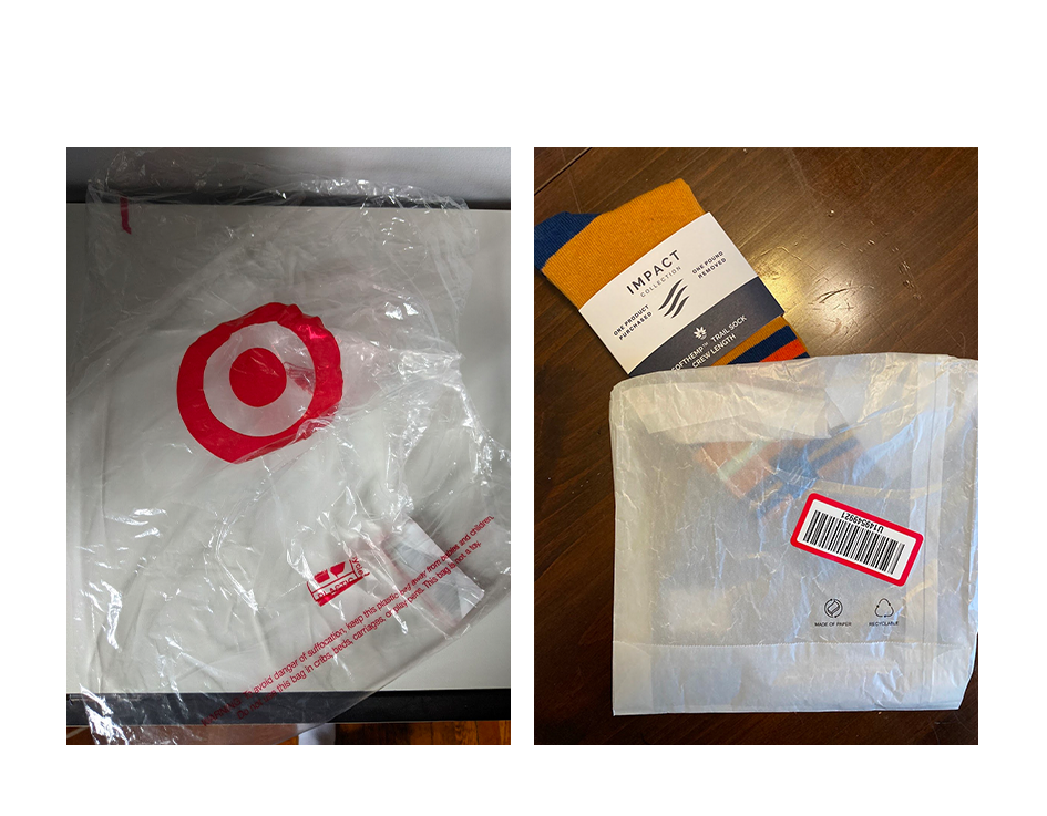 Before: a Target product shipped in a plastic poly bag. After: the same product shipped in a paper bag.