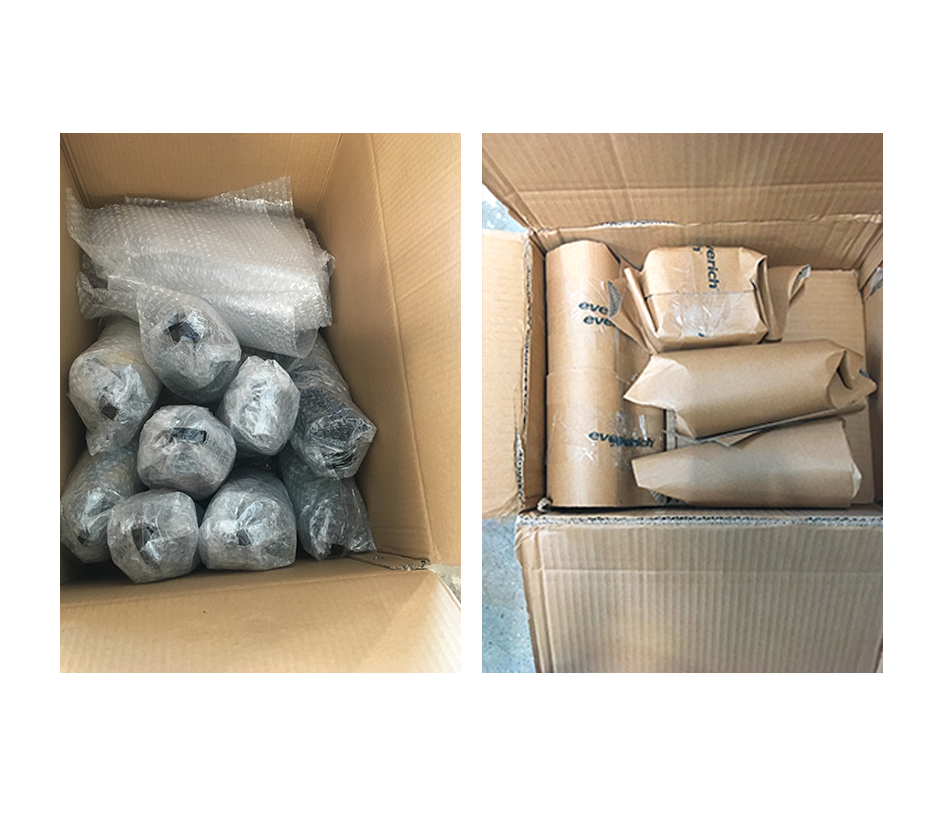 2019: boxes packed with plastic bubble wrap. 2020: boxes packed with cardboard. We replaced bubble wrap with cardboard for all of our spring 2020 shipments, saving over 92,000 plastic bags.
