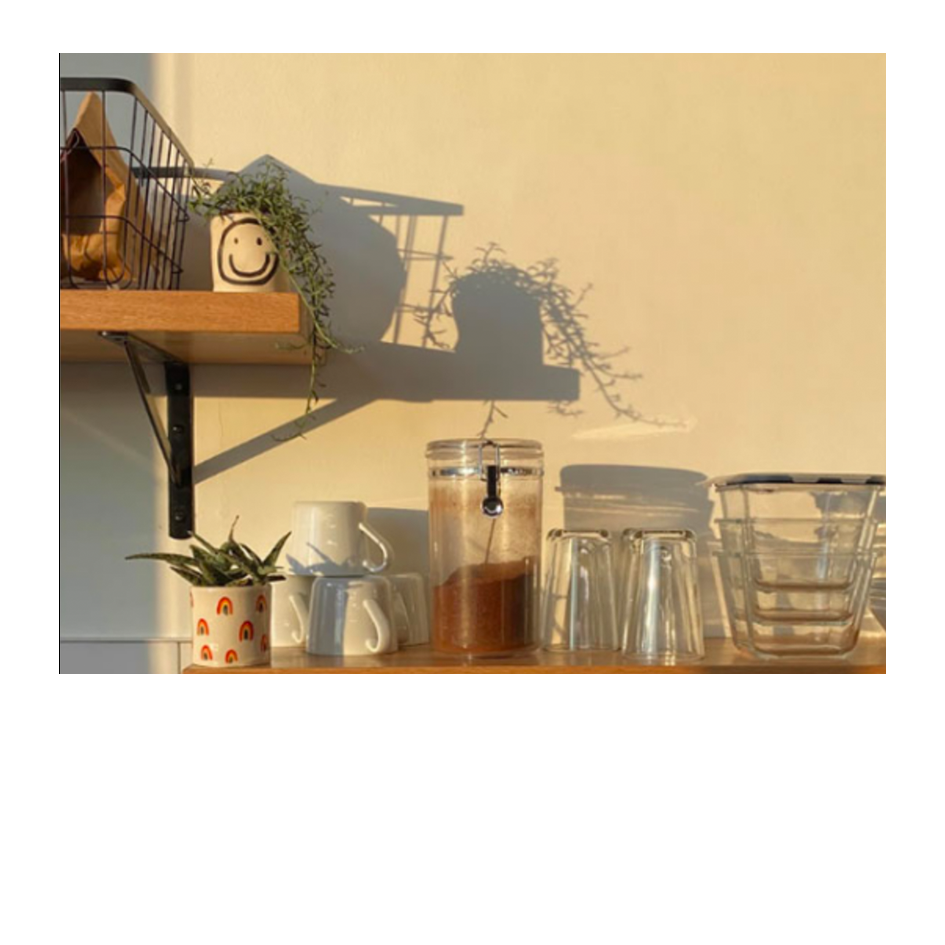 Office kitchen shelf with glass jars, reusable mugs and plants. Our office has a plastic-free policy, reusable utensil kits and mugs, a water bottle fill station, glass food containers and a composting system.
