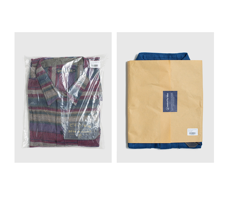 2019: a shirt in a plastic poly bag. 2020: the same shirt in a paper envelope. More than half of our apparel is now shipped in paper, saving more than 58,000 plastic bags.