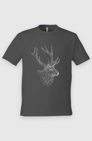 Black Unisex Graphic Tee in 100% Organic Cotton - The Elk (Front): Dark gray tee with white dot-art elk head and antlers graphic centered