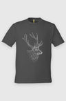 Black Unisex Graphic Tee in 100% Organic Cotton - The Elk (Front): Black organic cotton tee with white sketched elk head and antlers print