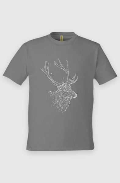 charcoal Unisex Graphic Tee in 100% Organic Cotton - The Elk (Front): Charcoal crew-neck tee with white line-art elk head and antlers graphic