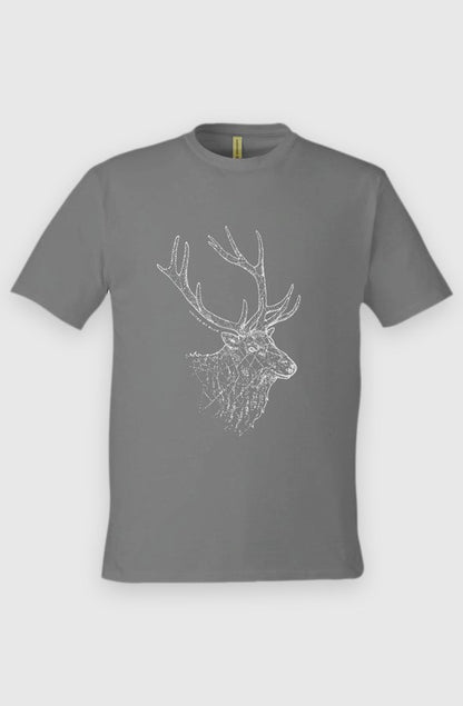 charcoal Unisex Graphic Tee in 100% Organic Cotton - The Elk (Front): Charcoal-grey organic cotton tee with white sketched elk head and antlers print