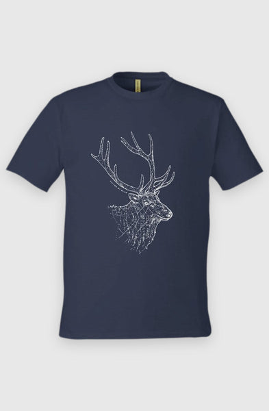 navy Unisex Graphic Tee in 100% Organic Cotton - The Elk (Front): Navy crew neck tee with white elk head and antlers graphic print