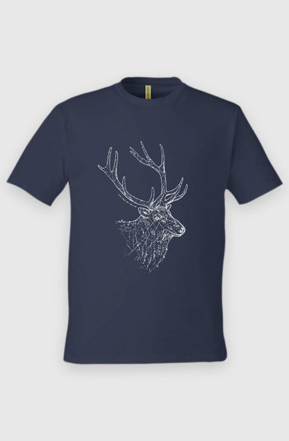 navy Unisex Graphic Tee in 100% Organic Cotton - The Elk (Front): Navy blue organic cotton tee with pale sketched elk head and antlers