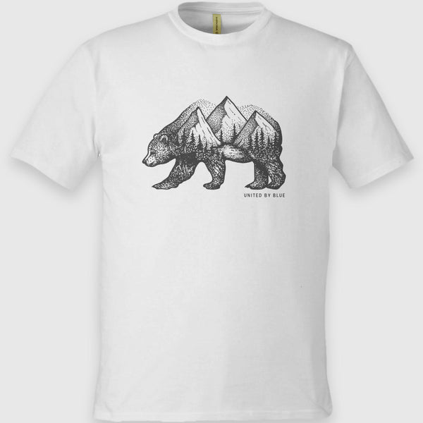 Antique White Unisex Graphic Tee in 100% Organic Cotton - Grizzly (Front): Cream organic cotton tee with black grizzly bear filled with mountain forest scene