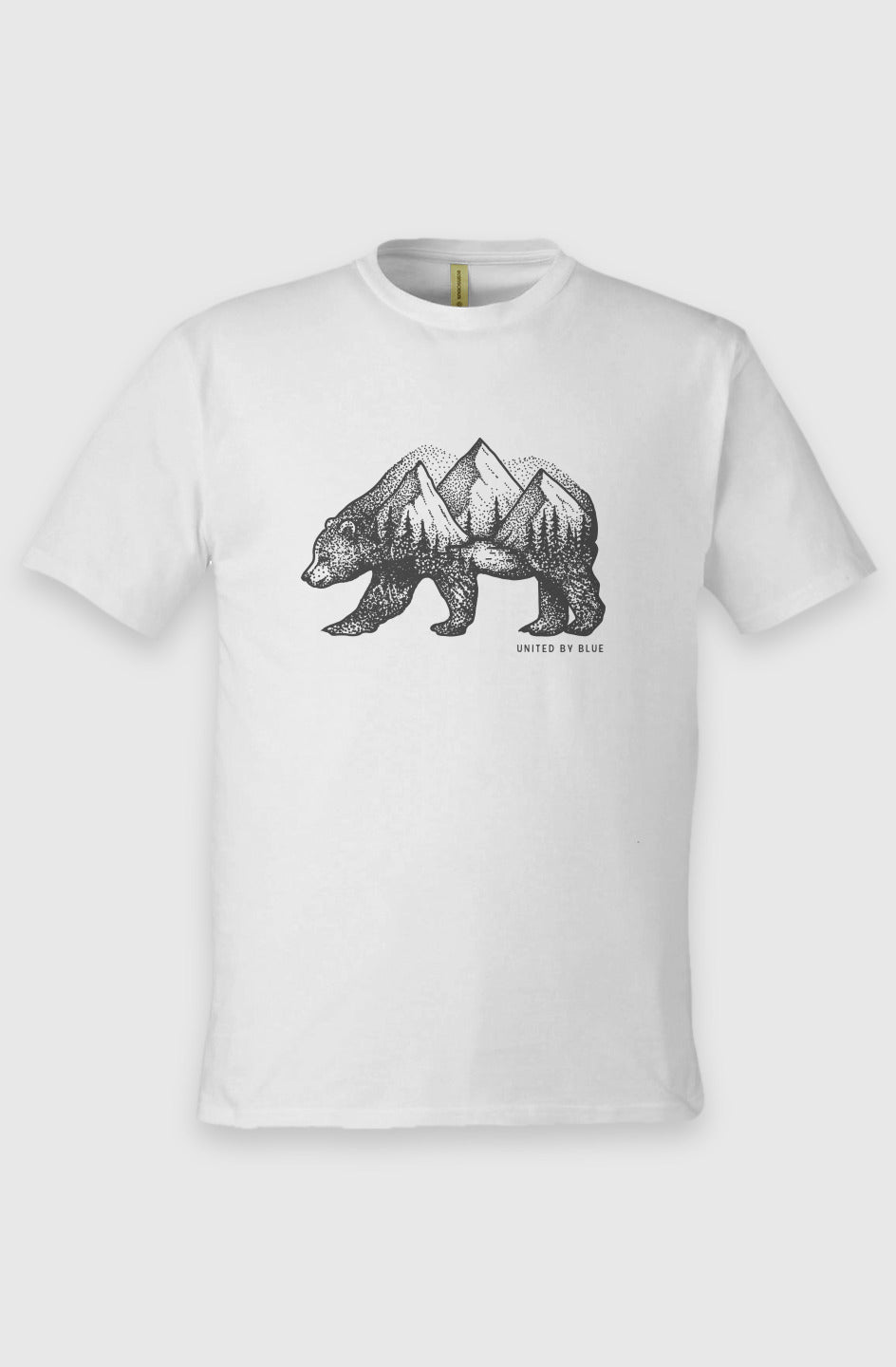 Antique White Unisex Graphic Tee in 100% Organic Cotton - Grizzly (Front): Cream organic cotton tee with black grizzly bear filled with mountain forest scene