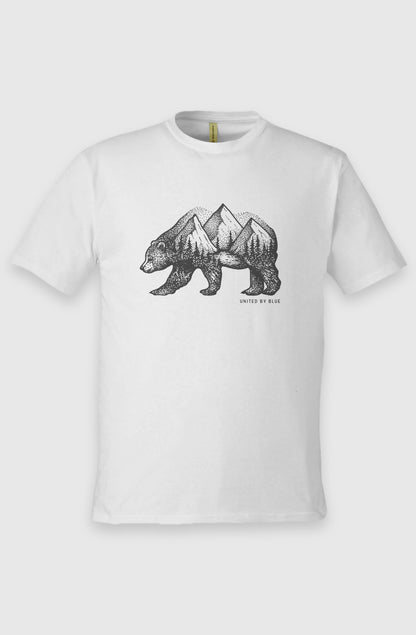 Antique White Unisex Graphic Tee in 100% Organic Cotton - Grizzly (Front): Cream organic cotton tee with black grizzly bear filled with mountain forest scene