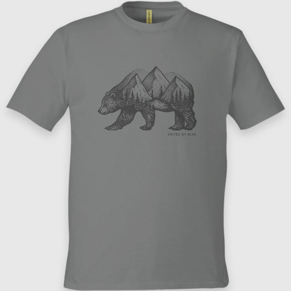 Charcoal Unisex Graphic Tee in 100% Organic Cotton - Grizzly (Front): Charcoal grey organic cotton tee with black grizzly bear and mountain forest print