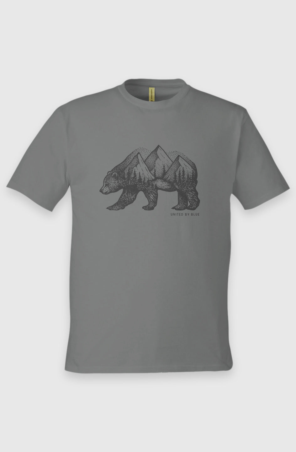Charcoal Unisex Graphic Tee in 100% Organic Cotton - Grizzly (Front): Charcoal grey organic cotton tee with black grizzly bear and mountain forest print
