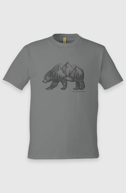 Charcoal Unisex Graphic Tee in 100% Organic Cotton - Grizzly (Front): Charcoal grey organic cotton tee with black grizzly bear and mountain forest print