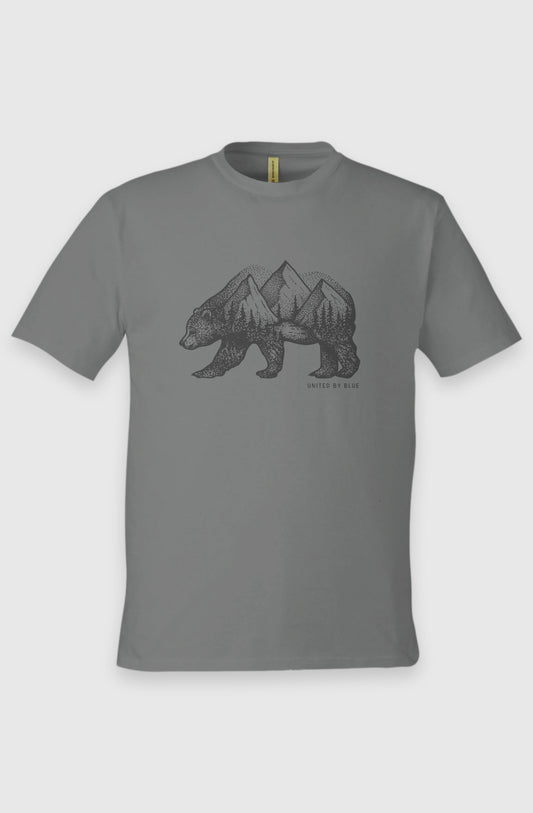 Charcoal Unisex Graphic Tee in 100% Organic Cotton - Grizzly (Front): Charcoal grey organic cotton tee with black grizzly bear and mountain forest print
