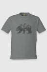 Charcoal Unisex Graphic Tee in 100% Organic Cotton - Grizzly (Front): Charcoal grey organic cotton tee with black grizzly bear and mountain forest print