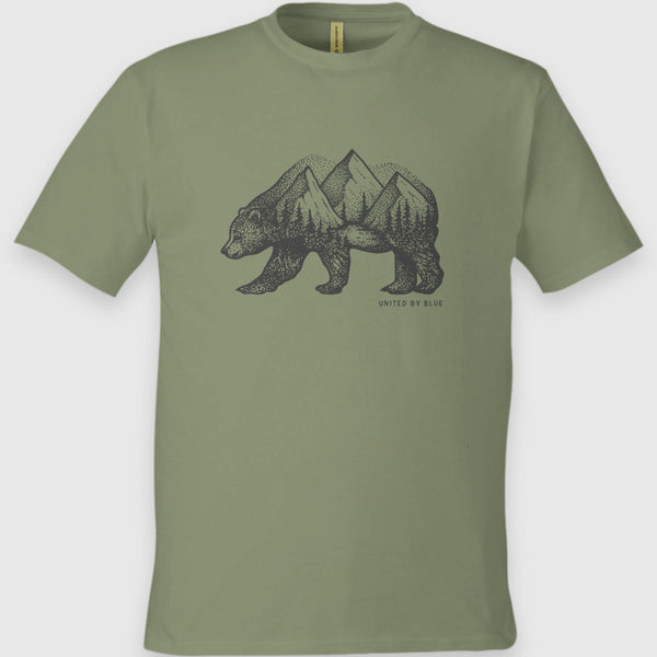 Olive Unisex Graphic Tee in 100% Organic Cotton - Grizzly (Front): Olive green organic cotton tee with black grizzly bear and mountain forest print