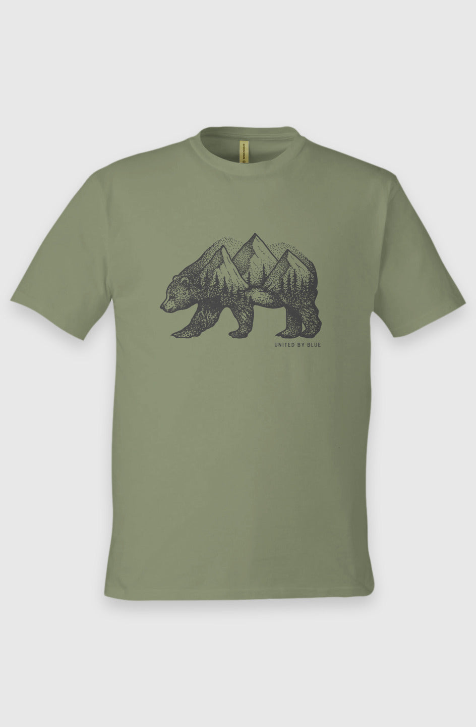 Olive Unisex Graphic Tee in 100% Organic Cotton - Grizzly (Front): Olive green organic cotton tee with black grizzly bear and mountain forest print