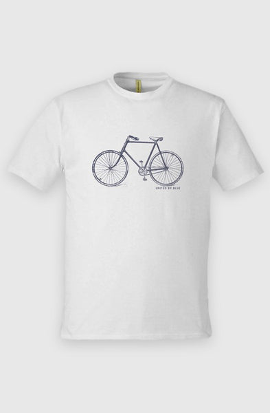 Antique White Unisex Graphic Tee in 100% Organic Cotton - Vintage Bicycle (Front): Cream organic cotton tee with navy vintage bicycle line drawing and logo text