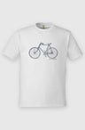 Antique White Unisex Graphic Tee in 100% Organic Cotton - Vintage Bicycle (Front): Cream organic cotton tee with navy vintage bicycle line drawing and logo text