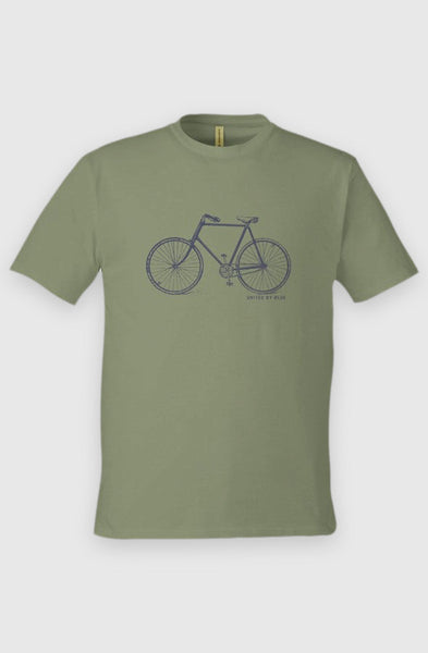 Loden Unisex Graphic Tee in 100% Organic Cotton - Vintage Bicycle (Front): Loden green organic cotton tee with navy vintage bicycle line drawing print