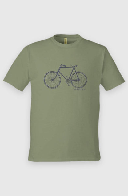 Loden Unisex Graphic Tee in 100% Organic Cotton - Vintage Bicycle (Front): Loden green organic cotton tee with navy vintage bicycle line drawing print