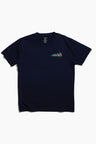 XS Moonlit Reflection Graphic Crew (Flat-lay): Navy crew neck tee with small embroidered forest graphic on left chest